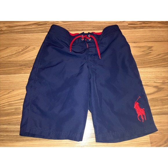 Polo Ralph Lauren Swim Shorts Boys M 10/12 Navy  Blue Red Big Pony Drawstring - Picture 1 of 7